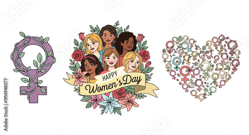 Vibrant Women's Day celebration with diverse women and floral elements