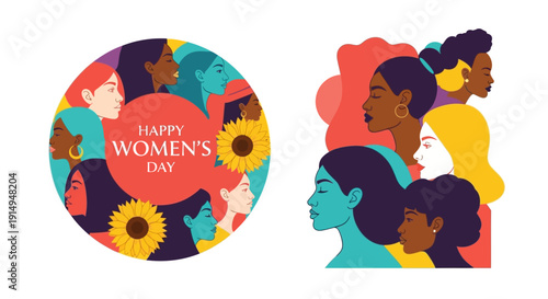 Vibrant women's day illustration with diverse faces and sunflowers