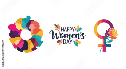 Vibrant Happy Women's Day celebration with diverse female silhouettes and colorful flowers