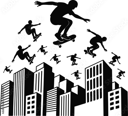Flat vector illustration of skateboarders performing aerial tricks above modern cityscape skyline, urban skateboarding silhouettes dynamic movement extreme sport culture