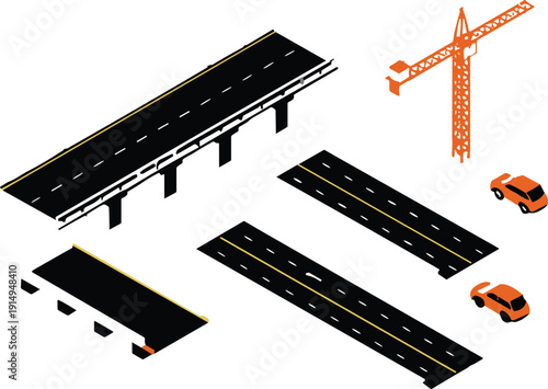 Isometric road construction set with crane, highway segments and cars, infrastructure building concept, vector illustration isolated background design