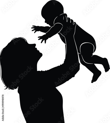 Mother lifting baby silhouette, joyful parenting love bond, family affection moment, maternal care, happy child play illustration