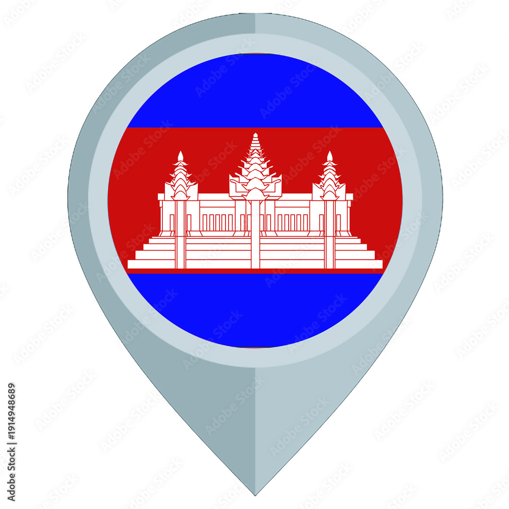Fototapeta premium Cambodia flag map pointer icon isolated on white background. Map pin with Cambodian flag for travel