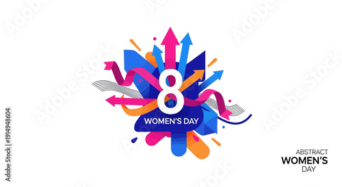Vibrant abstract illustration celebrating International Women's Day with colorful arrows and bold typography design