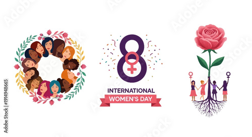 Vibrant International Women's Day celebration with diverse women and symbols of empowerment