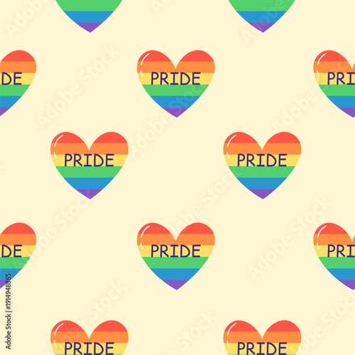 Seamless pattern with rainbow hearts and the word Pride on a soft pastel background. Hand drawn vector illustration.