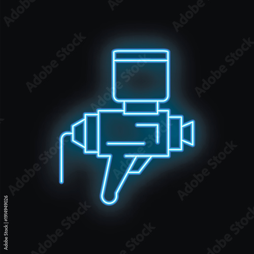 Blue neon sign of professional electric tool airbrush paint gun spraying on black background