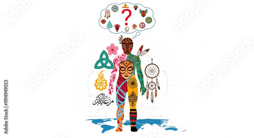 Person with colorful tribal tattoos and thought bubble full of symbols