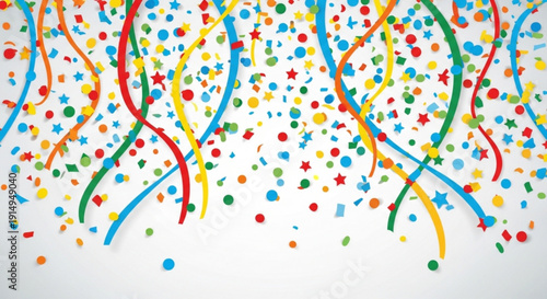 Colorful confetti and streamers falling against a white background creating a festive and celebratory atmosphere with bright colors and joyful decoration elements