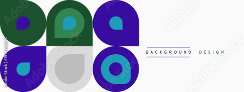 Geometric shapes, circles, squares, color blocks create modern design. Light background enhances visual appeal. Simple, clean aesthetic.