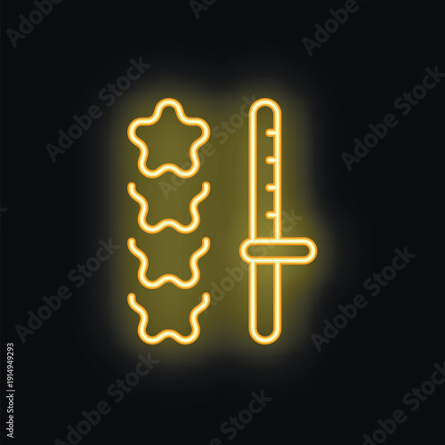 Yellow neon sign depicting a syringe injecting into vertebrae, symbolizing spinal treatment and pain relief