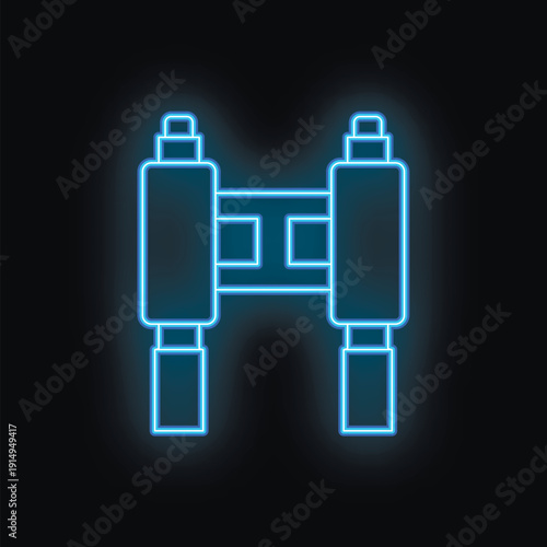 Glowing neon line icon of binoculars glowing on a black background