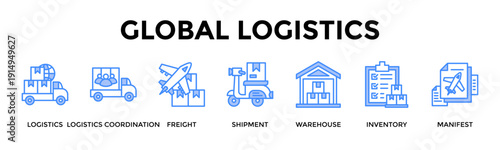 Global Logistics Banner Web Icon Set Collection Pack Vector Illustration Concept For Logistics, Logistics Coordination, Freight, Shipment, Warehouse, Inventory, Manifest