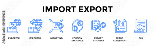 Import Export Banner Web Icon Set Collection Pack Vector Illustration Concept For Exporter, Importer, Importing, Foreign Exchange, Export Strategy, Trade Agreement, Bill