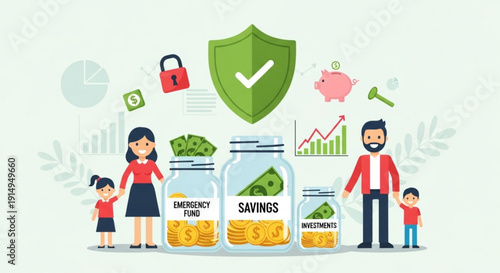 Family saving money in jars with emergency fund savings and investments for financial security and stability