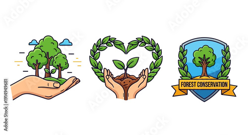 Vibrant eco-friendly illustrations promoting forest conservation and sustainability