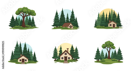 Cozy forest cabins and trees illustration set