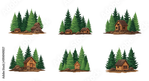 Cozy cabin homes nestled among tall pine trees in forest