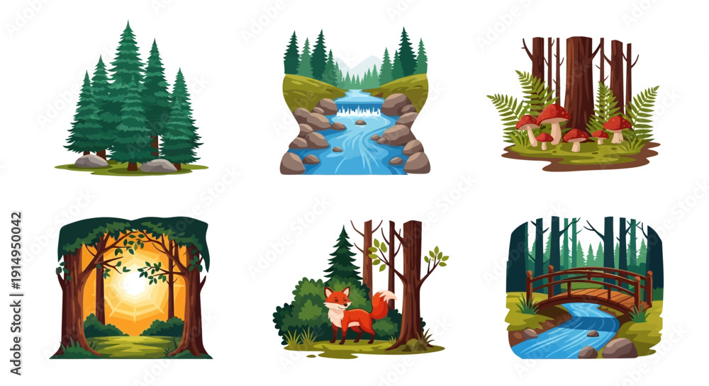 Obraz premium Whimsical forest scenes with trees, river, and wildlife illustrations