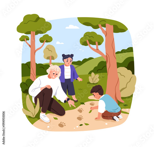 Mother and kids, outdoor activity in forest. Family finding animal footprints on track, trail. Mom parent and children looking at bear footsteps. Flat vector illustration isolated on white background