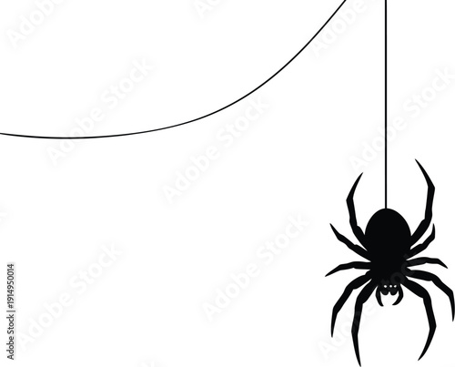 Spider silhouette hangs from a single strand of silk against white.