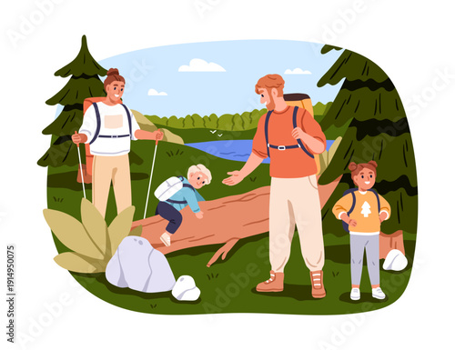Family hiking in forest. Mother, father and children, outdoor adventure in su...