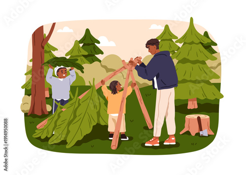 Family activity in forest. Father and sons children, leisure time outdoors. D...