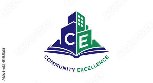 Community Excellence Logo with Book and Buildings.