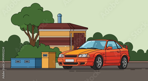 Vibrant orange sports car parked beside colorful trash cans in suburban setting