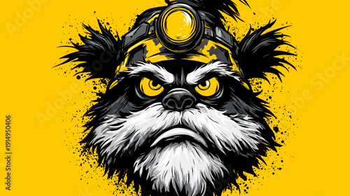 A stylized illustration of a creature face, wearing a headlamp, on a bright yellow background