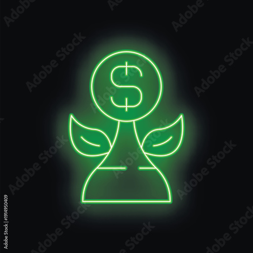 Green neon icon of a chess pawn with a dollar sign instead of a head and leaves growing on its sides, representing sustainable business growth