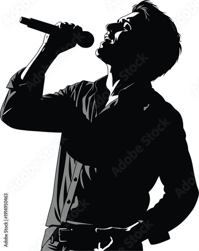 Male singer silhouette powerfully belts out a song into the microphone.