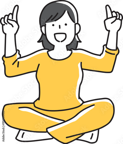 胡坐をかいて上を案内する女性