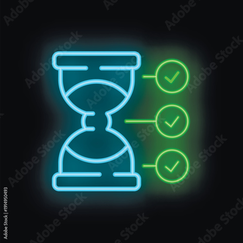 Neon icon showing an hourglass with three check marks, representing the concept of time management and task completion