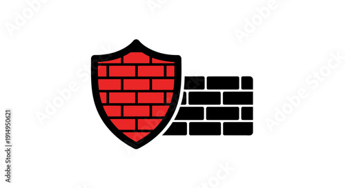 Minimalist cybersecurity firewall icon — brick wall shield protecting data block flat vector red black