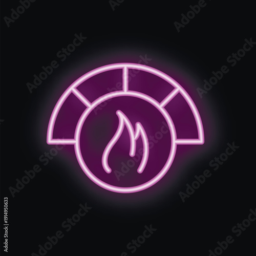 Purple neon sign is glowing in the dark, depicting a brick oven with flames inside