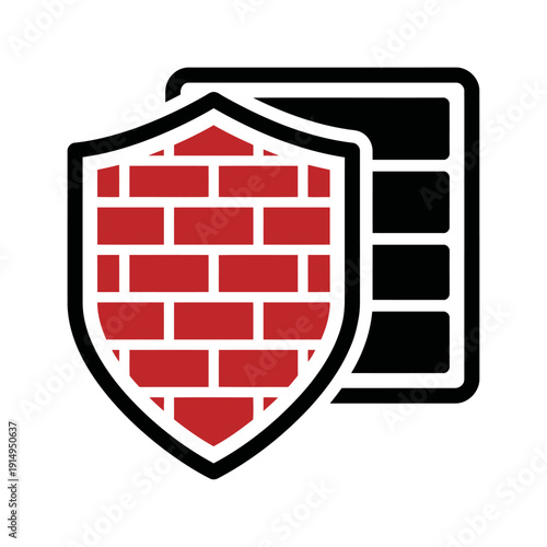 Minimalist cybersecurity firewall icon — brick wall shield protecting data block flat vector red black