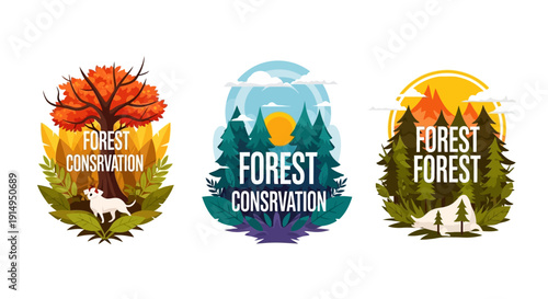 Vibrant forest conservation graphics with trees and wildlife