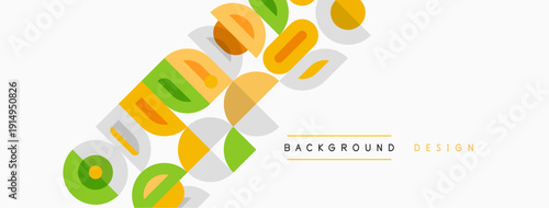 Abstract geometric shapes overlap, creating colorful design. Text background design present. Minimalist style, bright hues dominate image.