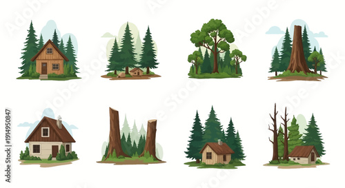 Cozy forest homes and trees in a serene natural setting