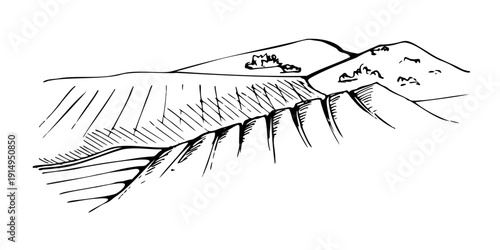 Landscape scenic vista of hill slopes, agricultural and farmland. Vector illustration hand drawn in ink for eco themes, nature branding, outdoor magazines, posters, vineyard scenery, travel artwork.