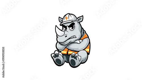 A grumpy, cartoon rhino wearing a safety hat and vest, arms crossed, seated