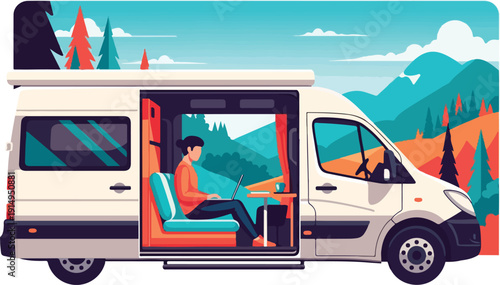 A person working on a laptop inside a white camper van parked in a scenic mountainous landscape.