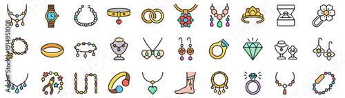 Collection of various jewelry icons, including necklaces, earrings, and rings displayed together