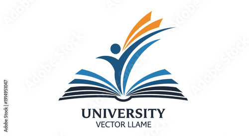 Dynamic open book and abstract figure logo for university education.