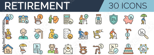 Collection of retirement-themed icons depicting various aspects of leisure and financial security in a modern lifestyle