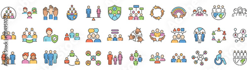Diverse group of people represented by various colorful icons and symbols gathered together in a vibrant illustration