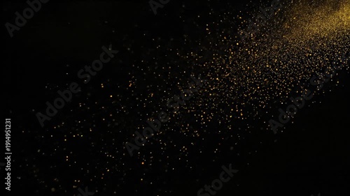 Golden particles floating in darkness, abstract background, glitter effect