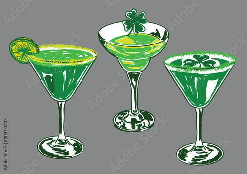 Green Cocktail Drinks Illustration Set