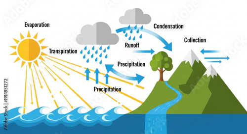Water cycle diagram showing evaporation condensation and precipitation processes with mountain landscape and ocean